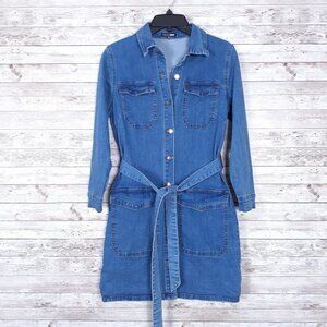 Fashion Nova Denim Dress M Blue Stretch Button Front Belted 716A